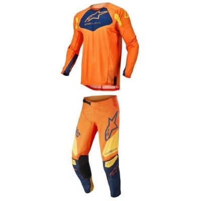 Conjunto motocross laranja, azul e amarelo com logótipos Alpinestars