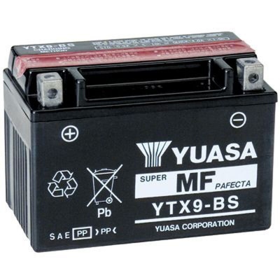 Bateria preta para motociclos marca Yuasa modelo YTX9-BS