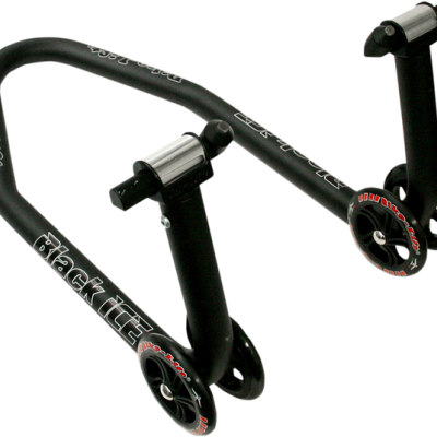 Suporte de treino indoor para bicicleta preto com rodas pequenas e marca Black Lite
