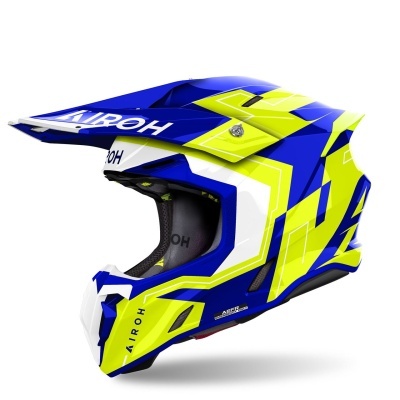 Capacete de motocross azul, amarelo fluorescente e branco da AIROH