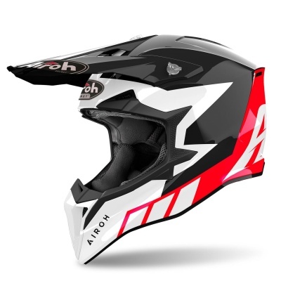 Capacete integral motocross preto, branco e vermelho com logo Airoh