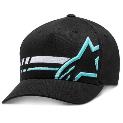 Boné preto com desenho bordado azul claro e branco na frente