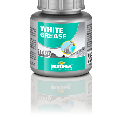 Frasco de graxa branca MOTOREX de 100 g com rótulo verde e branco