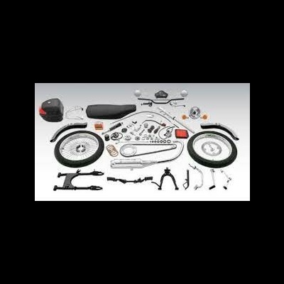 Peças desmontadas de mota organizadas sobre fundo cinzento