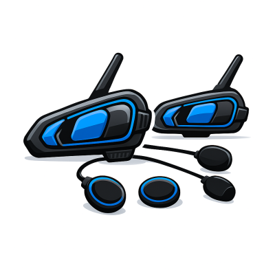 Intercomunicadores para capacete em preto e azul com microfones e auscultadores.