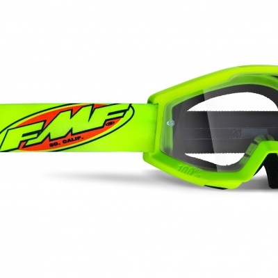 Óculos de proteção motocross verde neón com visor transparente e cinta amarelo com logótipo FMF