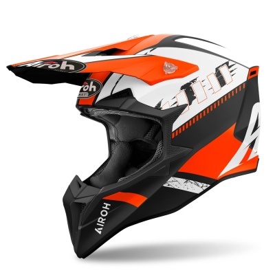 Capacete de mota off-road laranja, branco e preto com a marca AIROH