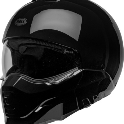 Capacete preto brilhoso BELL com viseira transparente e proteção facial