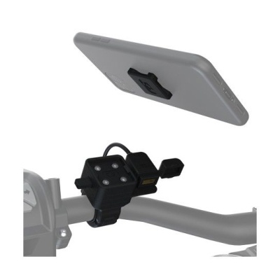 Suporte de telemóvel preto montado numa barra cinzenta com telemóvel cinzento