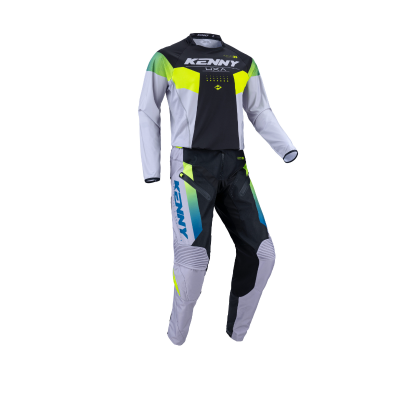 Fato de motocross Preto, cinzento, verde fluorescente, azul e amarelo com texto KENNY e USA