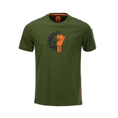 T-shirt verde-oliva com estampa frontal em laranja e preto