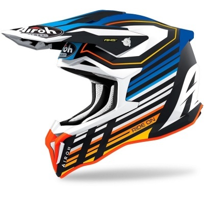 Capacete integral motocross colorido com texto AIROH e RIDE ON