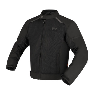 Casaco de moto preto com malha e punhos ajustáveis.
