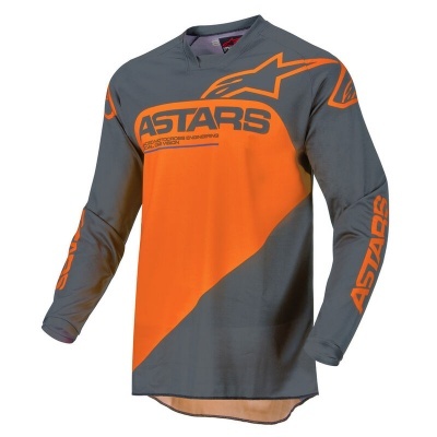 Camisola motocross cinzenta e laranja com texto ASTARS