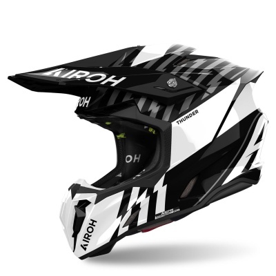 Capacete integral preto, branco e cinza para motocross com texto AIROH, THUNDER e número 211