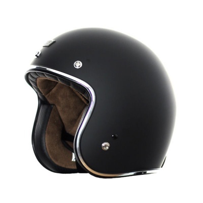 Capacete de moto aberto preto mate com acabamento cromado e interior castanho acolchoado
