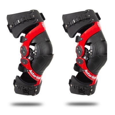Par de joelheiras de proteção com estrutura vermelha e fechos ajustáveis pretos