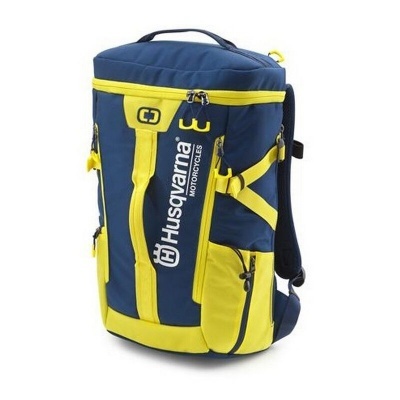 Mochila azul e amarela Husqvarna com vários compartimentos e alças acolchoadas