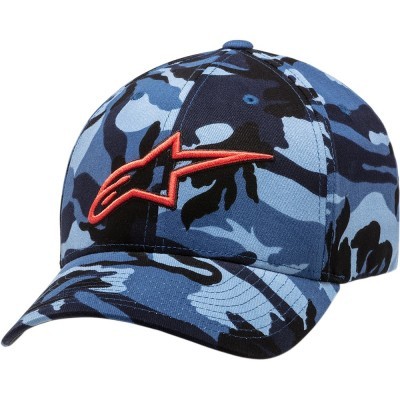 boné camuflado azul e preto com logotipo vermelho