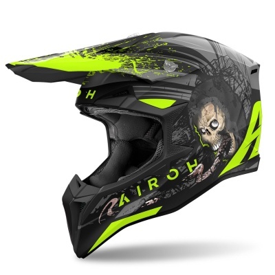 capacete de motocross preto e verde com caveira e texto KIROH