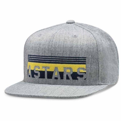 Boné cinzento com riscas amarelas e azuis e palavra ASTARS