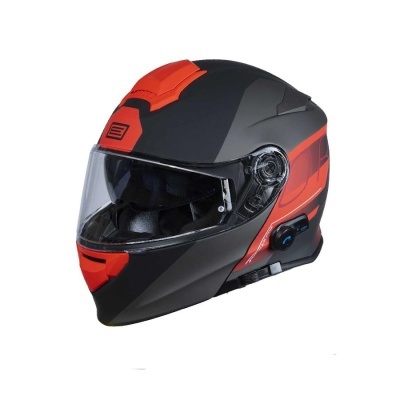 Capacete integral preto e vermelho com visor transparente e dispositivo lateral