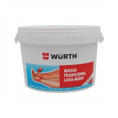 Contentor branco com tampa de massa lava-mãos Würth com etiqueta vermelha e azul e imagem de mãos lavadas