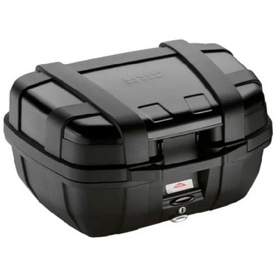 Mala rígida preta para transporte com faixas de borracha e fechadura metálica