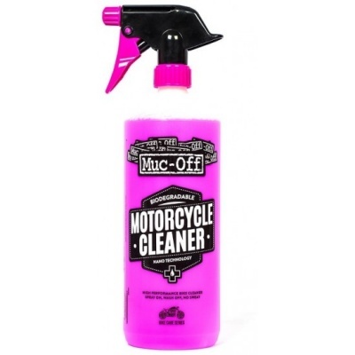Frasco de limpeza para motos Muc-Off rosa com spray preto