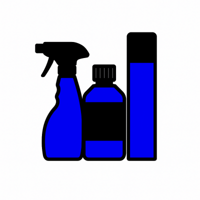 Três frascos azuis e pretos de produtos variados.