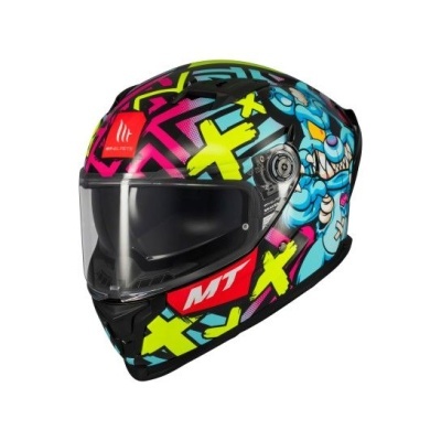 Capacete integral colorido com visor transparente e design gráfico com texto MT