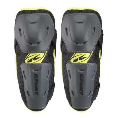 Par de joelheiras pretas e amarelas com proteções rígidas cinzentas e logotipos KENNY