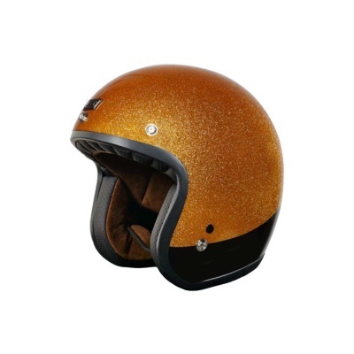 Capacete aberto laranja metalizado com detalhes pretos e interior castanho.