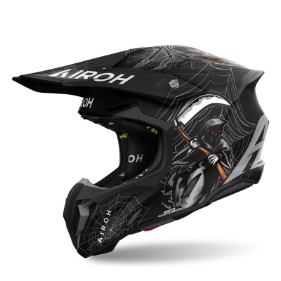 Capacete motocross AIROH preto com ilustração de figura com foice e teias de aranha