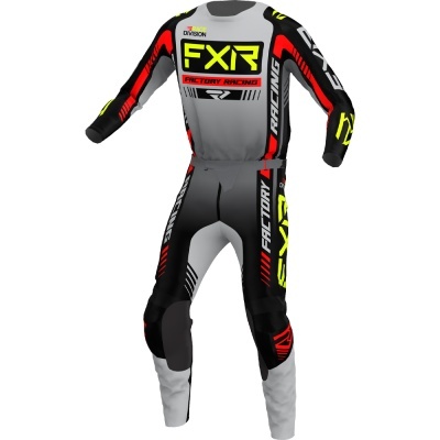 Fato completo de motocross cinza, preto, vermelho e amarelo com textos FXR, RACING, FACTORY e DIVISION