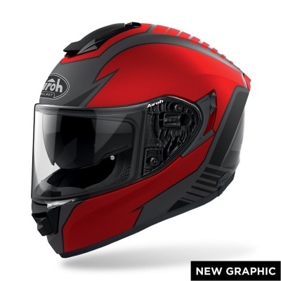 Capacete de motocicleta vermelho e preto com viseira transparente e logotipo Airoh