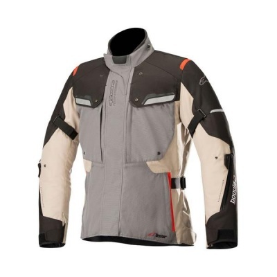 Casaco de moto em tecido técnico cinza, bege e preto com detalhes laranja e branco