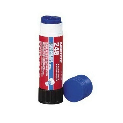 Tubo de cola Loctite 248 com tampa azul removida ao lado