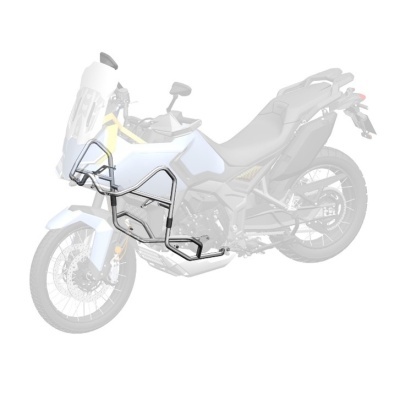 Estrutura protetora metálica preta instalada em motocicleta