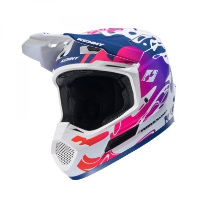 Capacete integral colorido para motocross com padrões abstratos e texto KENNY