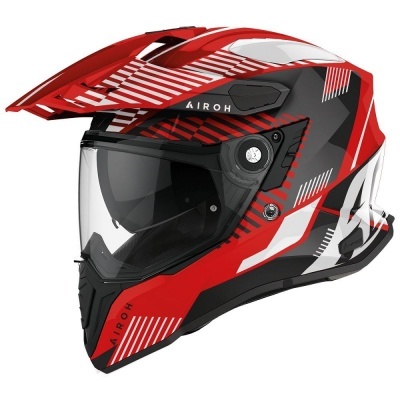 capacete de motociclista vermelho preto branco com padrão geométrico AIROH