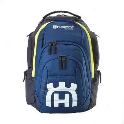 Mochila azul com detalhes amarelos e pretos e logotipo Husqvarna
