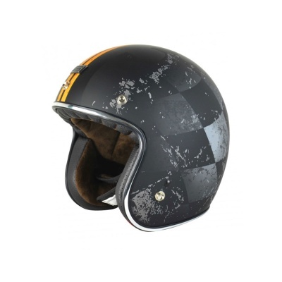 Capacete de moto preto fosco com padrão xadrez cinzento e riscas amarelas