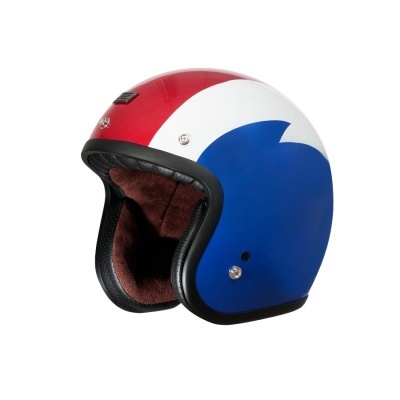 Capacete de moto aberto em vermelho, branco e azul com interior castanho acolchoado