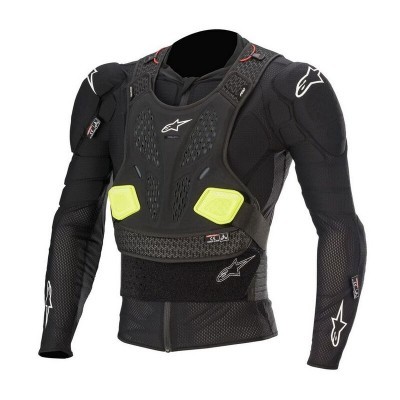 Camisola de proteção preta com proteções amarelas e logos Alpinestars
