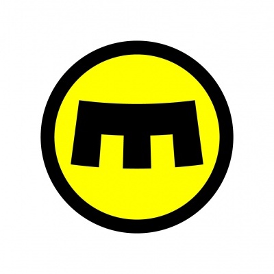 Logotipo redondo amarelo com símbolo preto no centro
