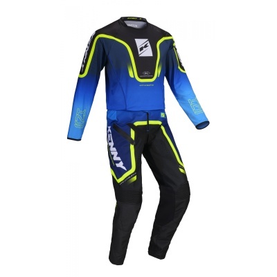 Conjunto de vestuário motocross azul, preto e amarelo com texto KENNY e TITANIUM-3