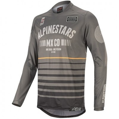 Camisola motocross Alpinestars cinza com riscas horizontais e textos visíveis
