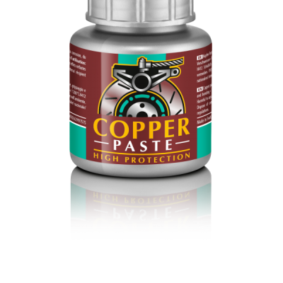 Frasco prateado com rótulo 'COPPER PASTE HIGH PROTECTION'