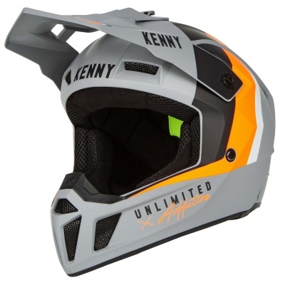 Capacete integral para motociclismo cinza, preto e laranja com texto KENNY e UNLIMITED Xperience